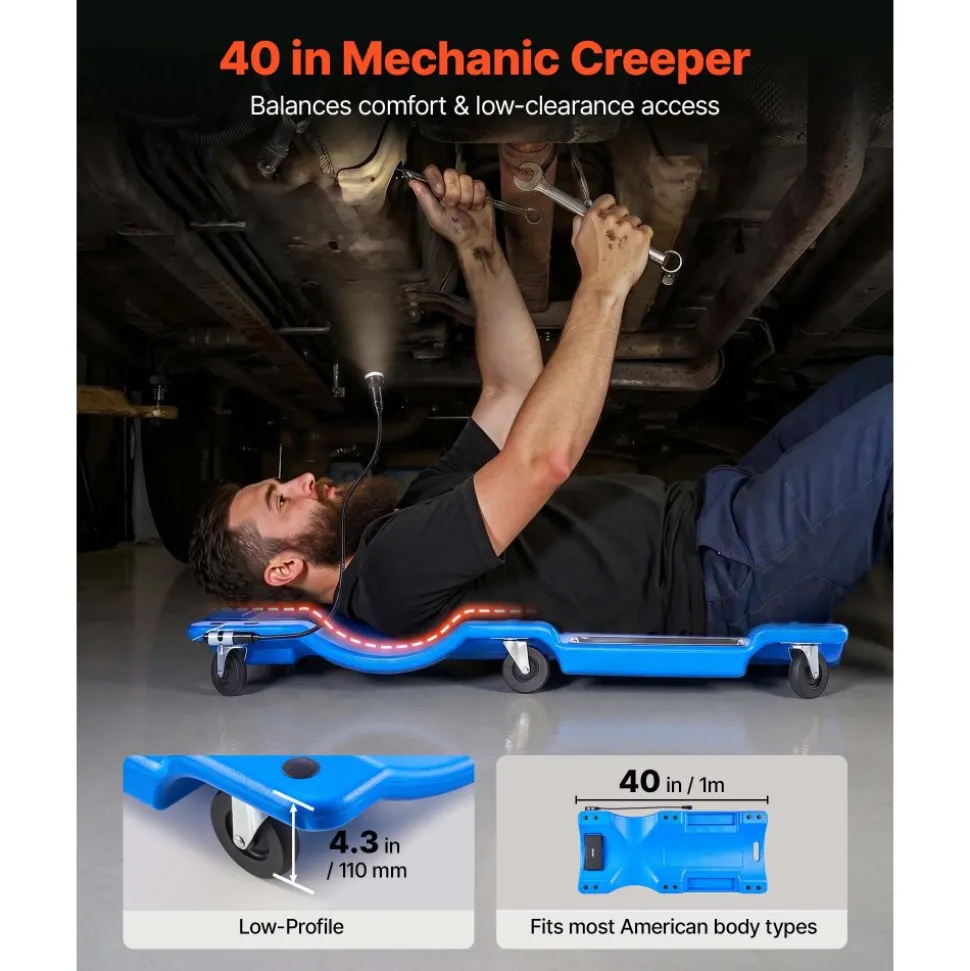 VEVOR 40 in Mechanic Creeper with LED Light, Low Profile Plastic Garage Creeper, 350 lbs Under Car Rolling Creeper with 6 Swivel Casters, Padded Headrest & Tool Trays for Auto Repair