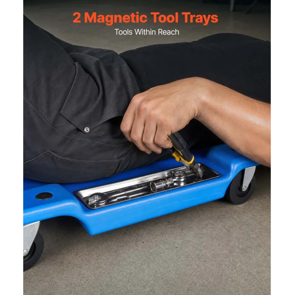 VEVOR 40 in Mechanic Creeper with LED Light, Low Profile Plastic Garage Creeper, 350 lbs Under Car Rolling Creeper with 6 Swivel Casters, Padded Headrest & Tool Trays for Auto Repair