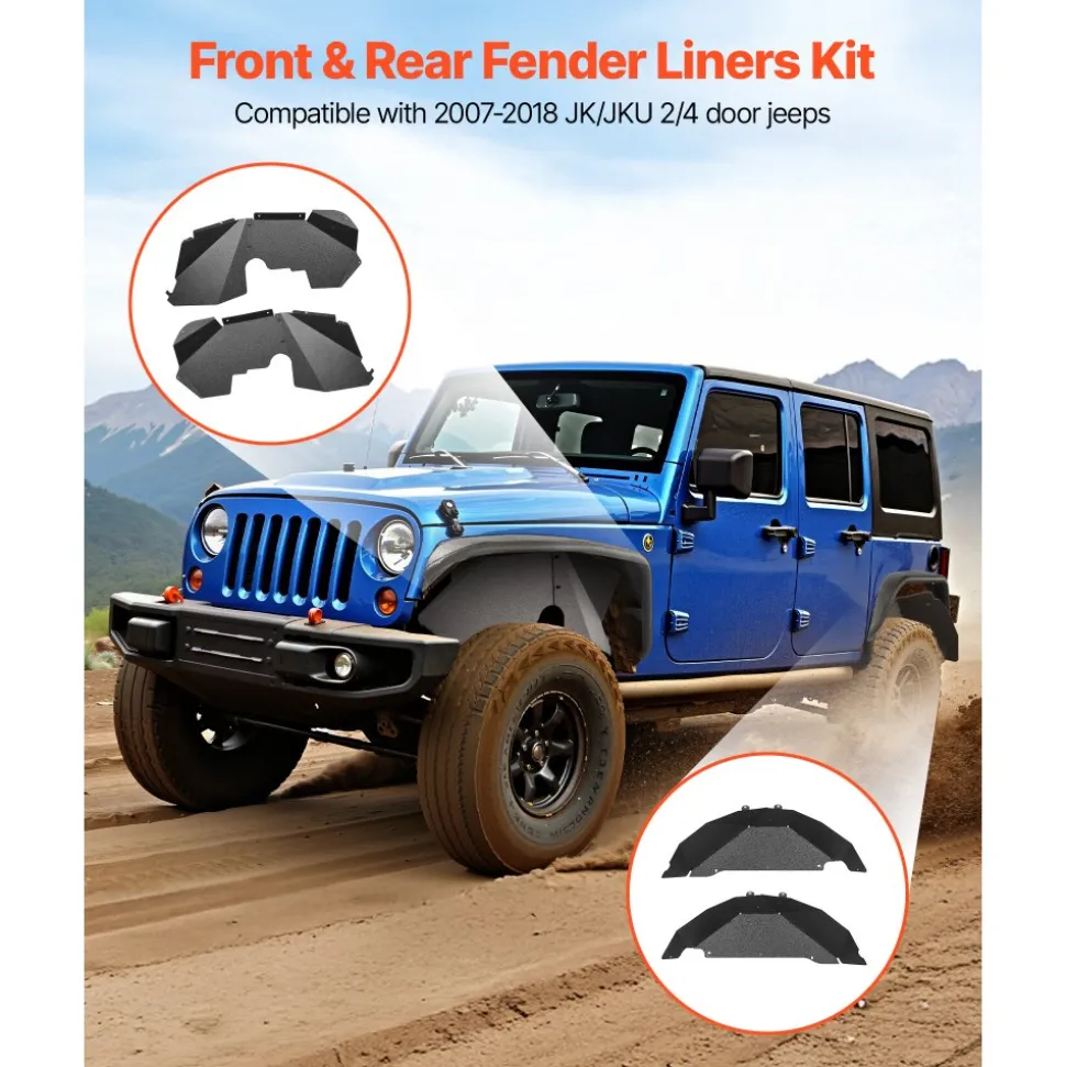 VEVOR Inner Fender Liner, Front & Rear Fender Liner Compatible with 2007-2018 Jeeps JK/JKU 2/4 Doors, Steel Mud Guards Bolt-on Style Fenders Flare, Wheel Well Cover Fenders Flare Liners, Black