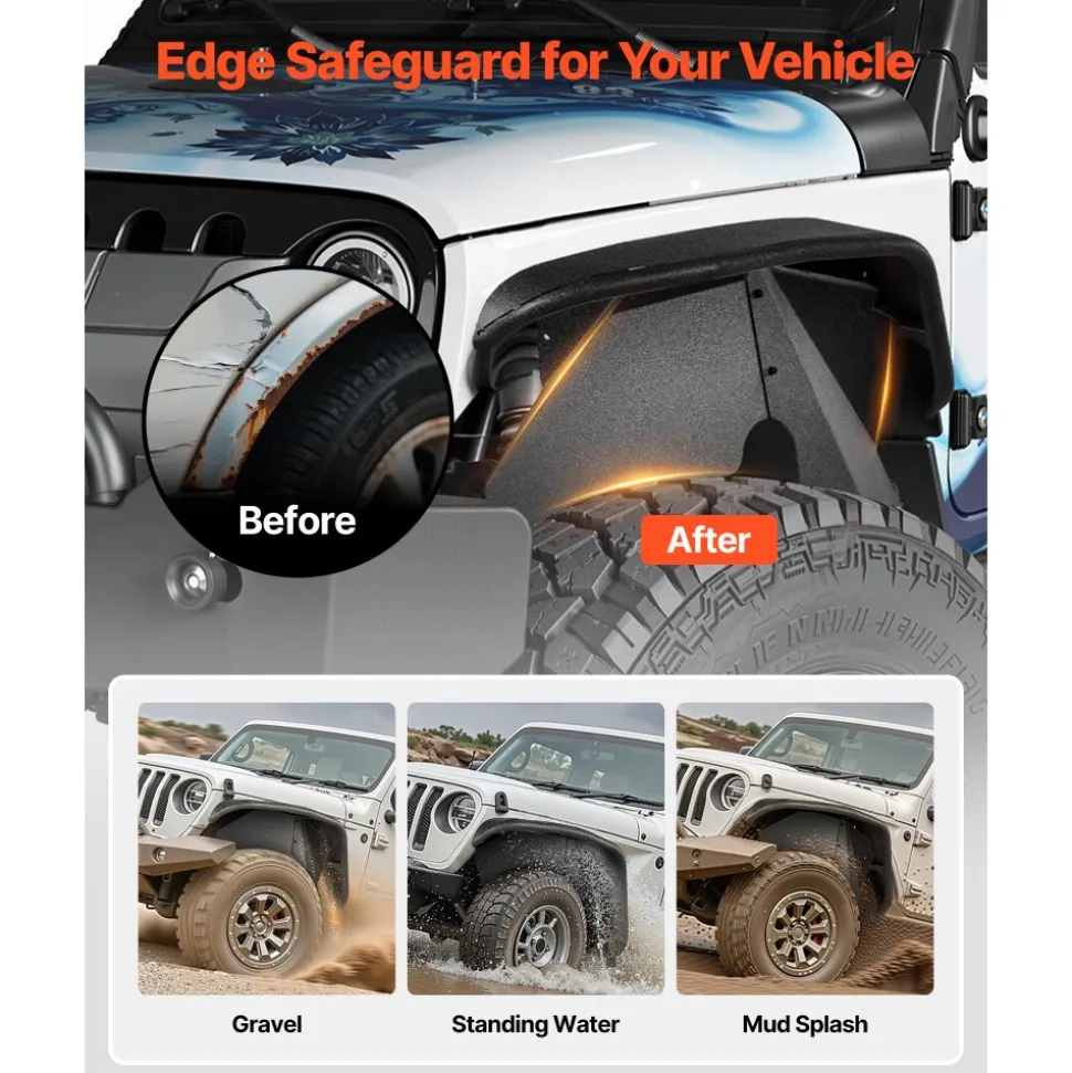 VEVOR Inner Fender Liner, Front & Rear Fender Liner Compatible with 2007-2018 Jeeps JK/JKU 2/4 Doors, Steel Mud Guards Bolt-on Style Fenders Flare, Wheel Well Cover Fenders Flare Liners, Black