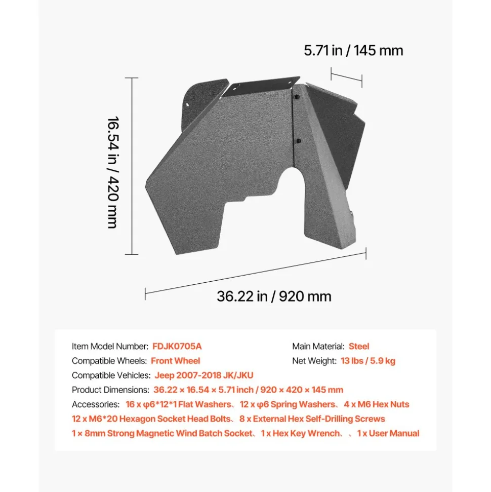 VEVOR Inner Fender Liner, Front Fender Liner Compatible with 2007-2018 Jeeps JK/JKU 2/4 Doors, Steel Mud Guards Bolt-on Style Fenders Flare, Wheel Well Cover Fenders Flare Liners, Scratch-Resistant