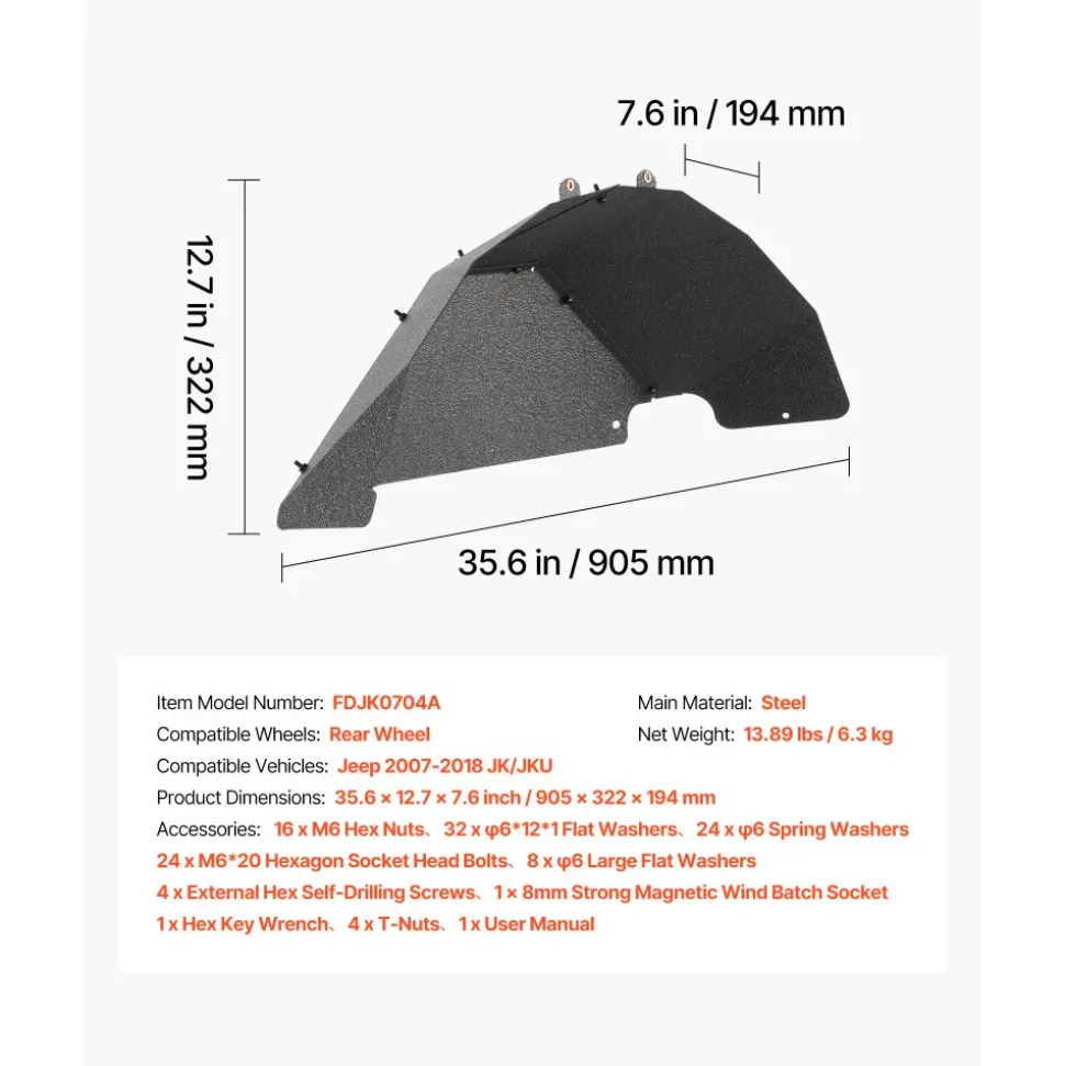 VEVOR Inner Fender Liner, Rear Fender Liner Compatible with 2007-2018 Jeeps JK/JKU 2/4 Doors, Steel Mud Guards Bolt-on Style Fenders Flare, Wheel Well Cover Fenders Flare Liners, Scratch-Resistant