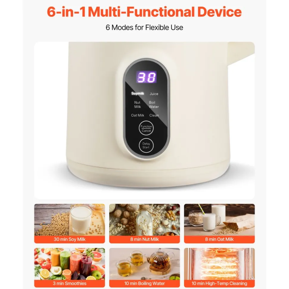 VEVOR 6-in-1 Nut Milk Maker, 20 oz Soy Milk Maker Machine with 6 Blades, for Homemade Oat, Nut, Soy, Juice, Plant-Based and Non Dairy Beverages with High-Temp Self-Cleaning, Boil Water, 12-Hour Delay