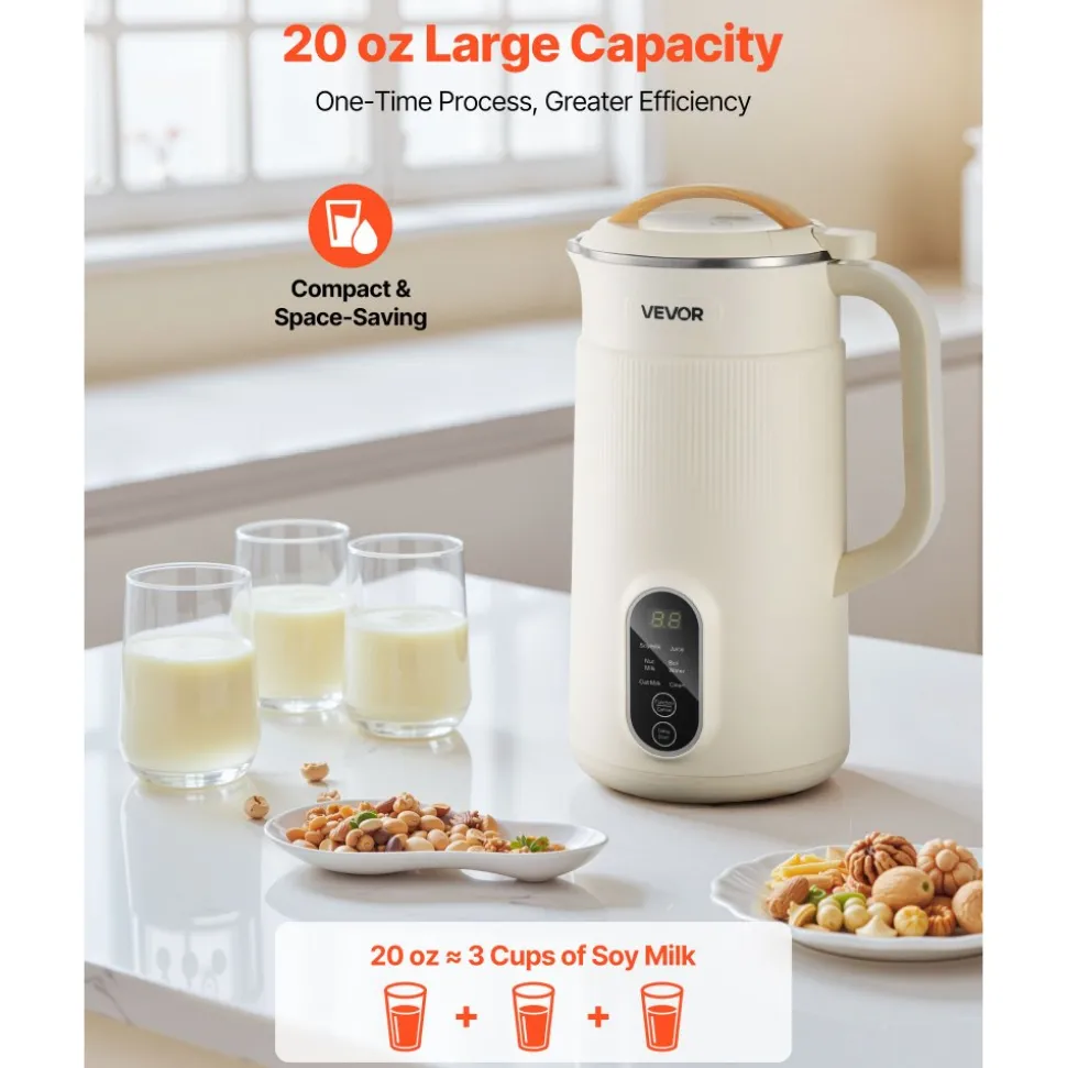 VEVOR 6-in-1 Nut Milk Maker, 20 oz Soy Milk Maker Machine with 6 Blades, for Homemade Oat, Nut, Soy, Juice, Plant-Based and Non Dairy Beverages with High-Temp Self-Cleaning, Boil Water, 12-Hour Delay