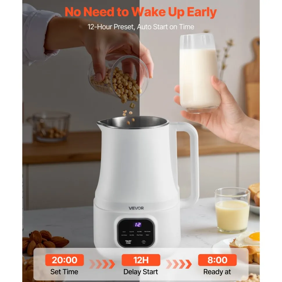VEVOR 8-in-1 Nut Milk Maker, 34 oz Soy Milk Maker with 200W Blending, for Homemade Oat, Nut, Soy, Juice, Milkshake, Rice Cereal, Plant-Based Beverages with Self-Cleaning, Boil Water, 12-Hour Delay