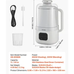 VEVOR 8-in-1 Nut Milk Maker, 34 oz Soy Milk Maker with 200W Blending, for Homemade Oat, Nut, Soy, Juice, Milkshake, Rice Cereal, Plant-Based Beverages with Self-Cleaning, Boil Water, 12-Hour Delay