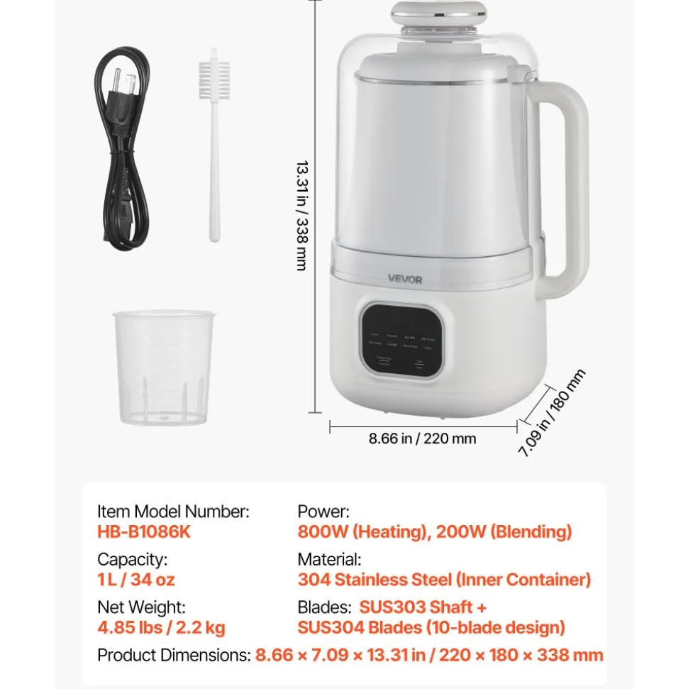 VEVOR 8-in-1 Nut Milk Maker, 34 oz Soy Milk Maker with 200W Blending, for Homemade Oat, Nut, Soy, Juice, Milkshake, Rice Cereal, Plant-Based Beverages with Self-Cleaning, Boil Water, 12-Hour Delay