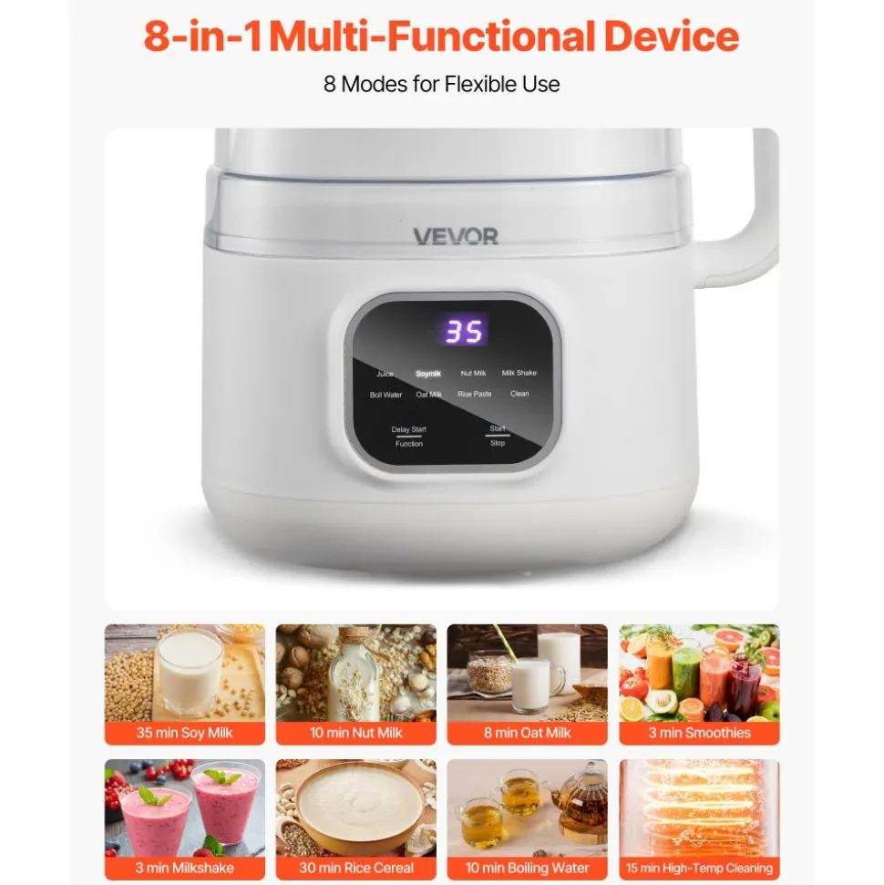 VEVOR 8-in-1 Nut Milk Maker, 34 oz Soy Milk Maker with 200W Blending, for Homemade Oat, Nut, Soy, Juice, Milkshake, Rice Cereal, Plant-Based Beverages with Self-Cleaning, Boil Water, 12-Hour Delay