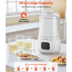 VEVOR 8-in-1 Nut Milk Maker, 34 oz Soy Milk Maker with 200W Blending, for Homemade Oat, Nut, Soy, Juice, Milkshake, Rice Cereal, Plant-Based Beverages with Self-Cleaning, Boil Water, 12-Hour Delay