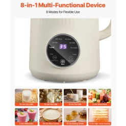 VEVOR 8-in-1 Nut Milk Maker, 34 oz Soy Milk Maker with 180W Blending, for Homemade Oat, Nut, Soy, Juice, Milkshake, Rice Cereal, Plant-Based Beverages with Self-Cleaning, Boil Water, 12-Hour Delay