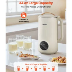 VEVOR 8-in-1 Nut Milk Maker, 34 oz Soy Milk Maker with 180W Blending, for Homemade Oat, Nut, Soy, Juice, Milkshake, Rice Cereal, Plant-Based Beverages with Self-Cleaning, Boil Water, 12-Hour Delay