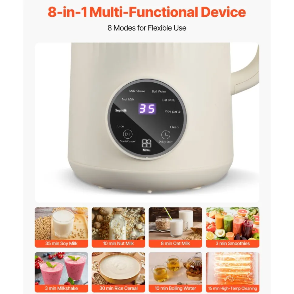 VEVOR 8-in-1 Nut Milk Maker, 41 oz Soy Milk Maker Machine with 10 Blades, for Homemade Oat, Nut, Soy, Juice, Milkshake, Rice Cereal, Plant-Based Beverages with Self-Cleaning, Boil Water, 12-Hour Delay