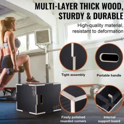 VEVOR 3 in 1 Plyometric Jump Box, 20/18/16 Inch Wooden Plyo Box, Platform & Jumping Agility Box, Anti-Slip Fitness Exercise Step Up Box for Home Gym Training, Conditioning Strength Training, Black