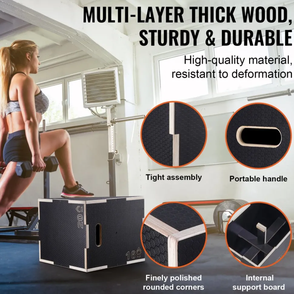 VEVOR 3 in 1 Plyometric Jump Box, 20/18/16 Inch Wooden Plyo Box, Platform & Jumping Agility Box, Anti-Slip Fitness Exercise Step Up Box for Home Gym Training, Conditioning Strength Training, Black