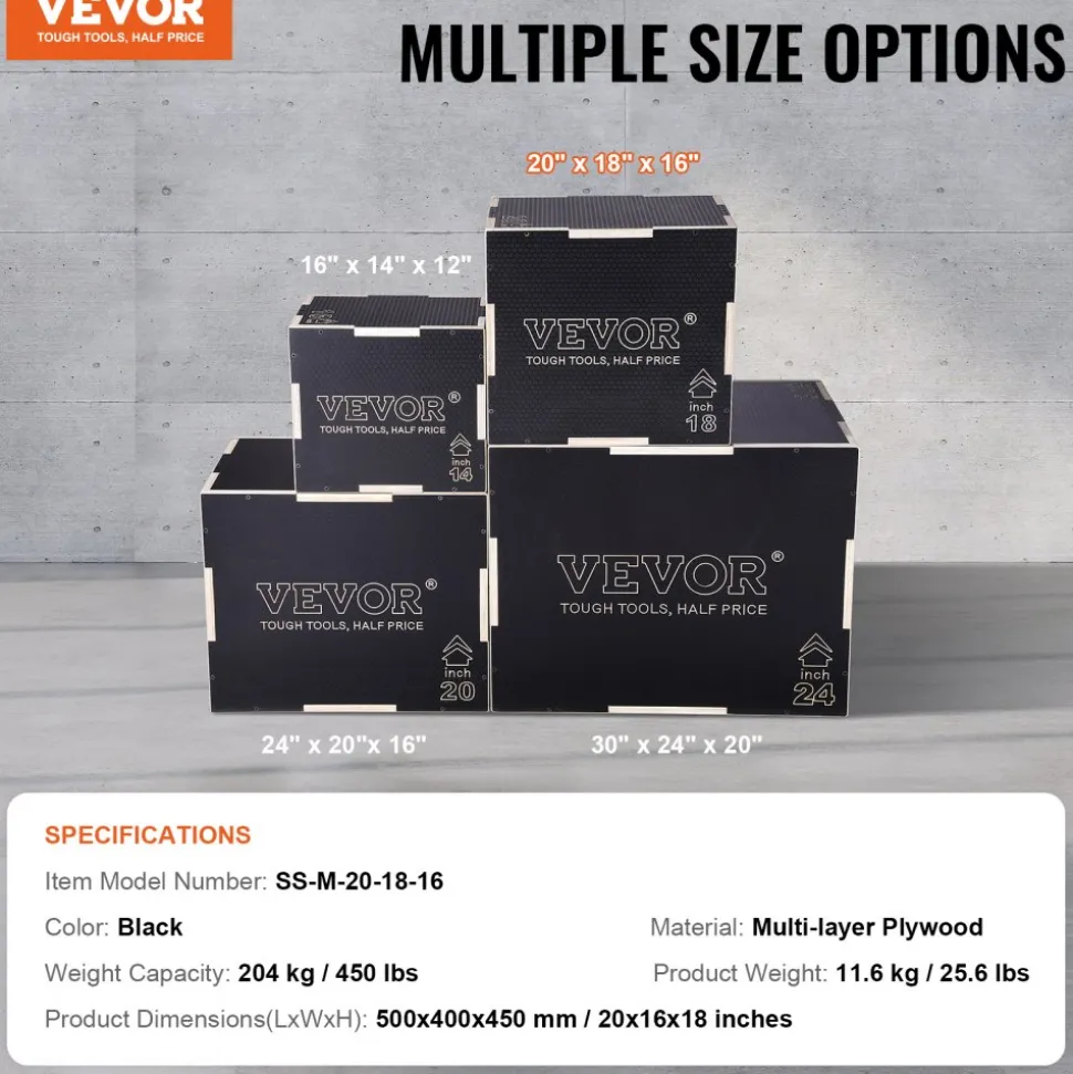 VEVOR 3 in 1 Plyometric Jump Box, 20/18/16 Inch Wooden Plyo Box, Platform & Jumping Agility Box, Anti-Slip Fitness Exercise Step Up Box for Home Gym Training, Conditioning Strength Training, Black