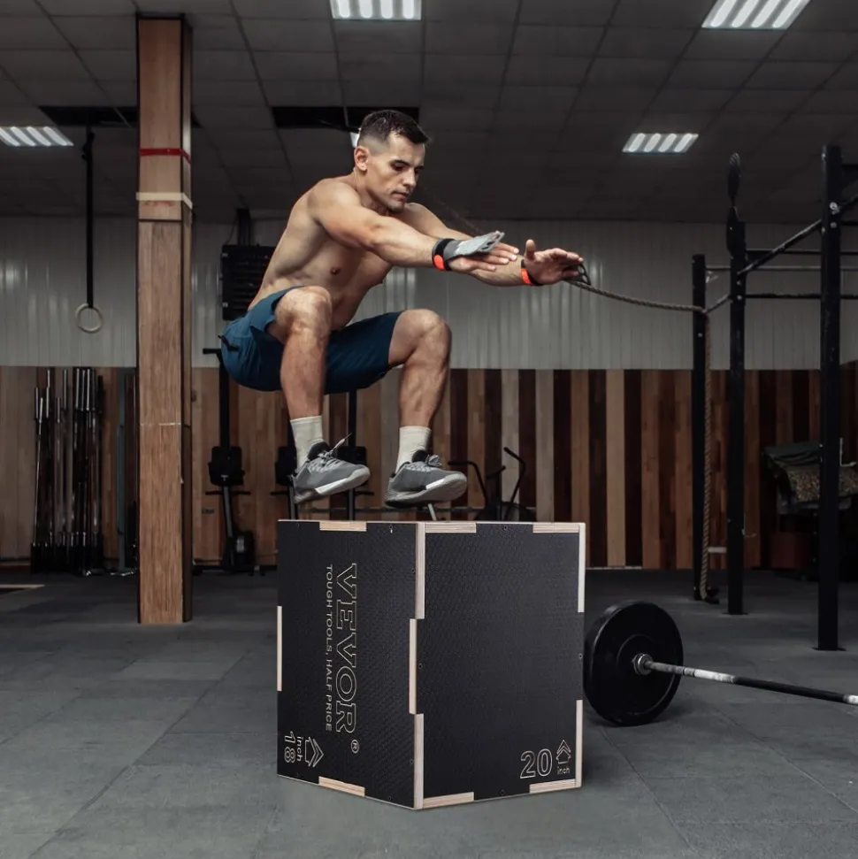 VEVOR 3 in 1 Plyometric Jump Box, 20/18/16 Inch Wooden Plyo Box, Platform & Jumping Agility Box, Anti-Slip Fitness Exercise Step Up Box for Home Gym Training, Conditioning Strength Training, Black