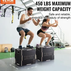 VEVOR 3 in 1 Plyometric Jump Box, 20/18/16 Inch Wooden Plyo Box, Platform & Jumping Agility Box, Anti-Slip Fitness Exercise Step Up Box for Home Gym Training, Conditioning Strength Training, Black
