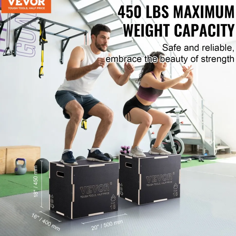 VEVOR 3 in 1 Plyometric Jump Box, 20/18/16 Inch Wooden Plyo Box, Platform & Jumping Agility Box, Anti-Slip Fitness Exercise Step Up Box for Home Gym Training, Conditioning Strength Training, Black