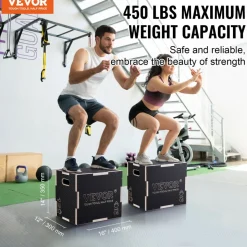 VEVOR 3 in 1 Plyometric Jump Box, 16/14/12 Inch Wooden Plyo Box, Platform & Jumping Agility Box, Anti-Slip Fitness Exercise Step Up Box for Home Gym Training, Conditioning Strength Training, Black