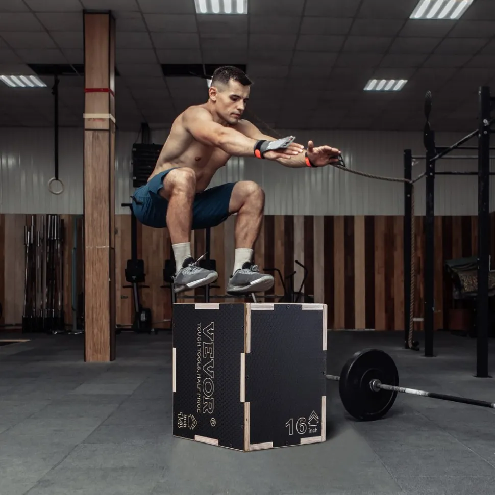 VEVOR 3 in 1 Plyometric Jump Box, 16/14/12 Inch Wooden Plyo Box, Platform & Jumping Agility Box, Anti-Slip Fitness Exercise Step Up Box for Home Gym Training, Conditioning Strength Training, Black