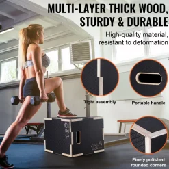 VEVOR 3 in 1 Plyometric Jump Box, 16/14/12 Inch Wooden Plyo Box, Platform & Jumping Agility Box, Anti-Slip Fitness Exercise Step Up Box for Home Gym Training, Conditioning Strength Training, Black