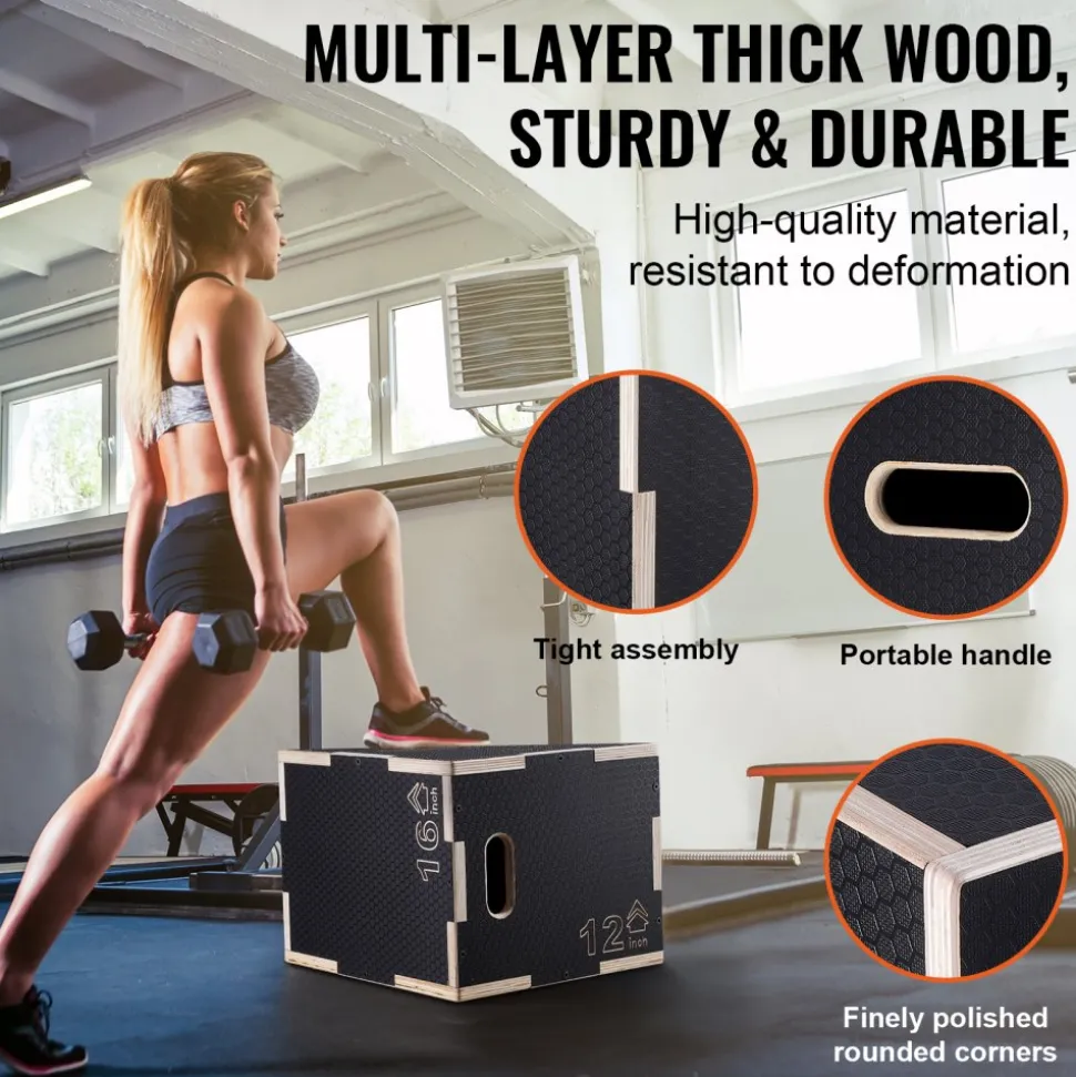 VEVOR 3 in 1 Plyometric Jump Box, 16/14/12 Inch Wooden Plyo Box, Platform & Jumping Agility Box, Anti-Slip Fitness Exercise Step Up Box for Home Gym Training, Conditioning Strength Training, Black