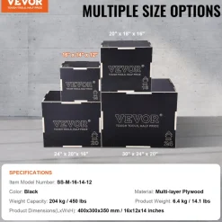 VEVOR 3 in 1 Plyometric Jump Box, 16/14/12 Inch Wooden Plyo Box, Platform & Jumping Agility Box, Anti-Slip Fitness Exercise Step Up Box for Home Gym Training, Conditioning Strength Training, Black