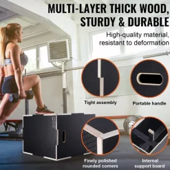 VEVOR 3 in 1 Plyometric Jump Box, 16/14/12 Inch Cotton Plyo Box, Platform & Jumping Agility Box, Anti-Slip Fitness Exercise Step Up Box for Home Gym Training, Conditioning Strength Training, Black