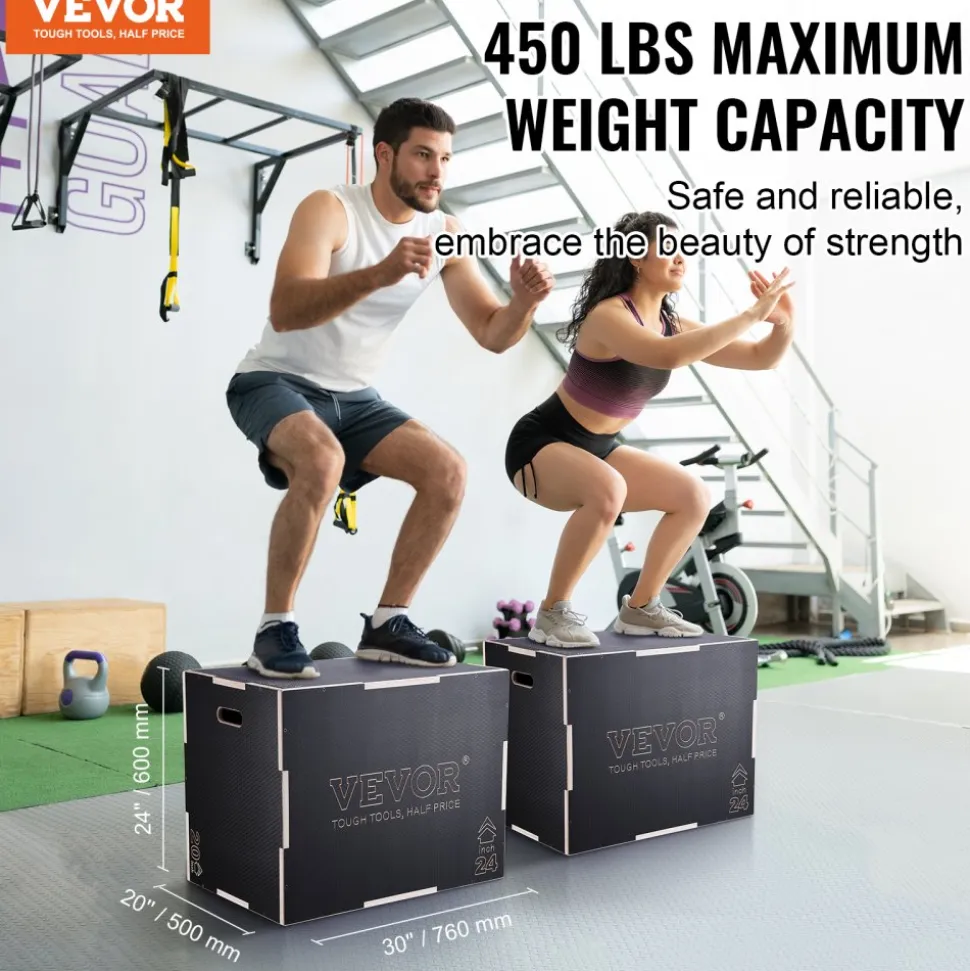 VEVOR 3 in 1 Plyometric Jump Box, 16/14/12 Inch Cotton Plyo Box, Platform & Jumping Agility Box, Anti-Slip Fitness Exercise Step Up Box for Home Gym Training, Conditioning Strength Training, Black