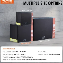 VEVOR 3 in 1 Plyometric Jump Box, 20/18/16 Inch Cotton Plyo Box, Platform & Jumping Agility Box, Anti-Slip Fitness Exercise Step Up Box for Home Gym Training, Conditioning Strength Training, Black