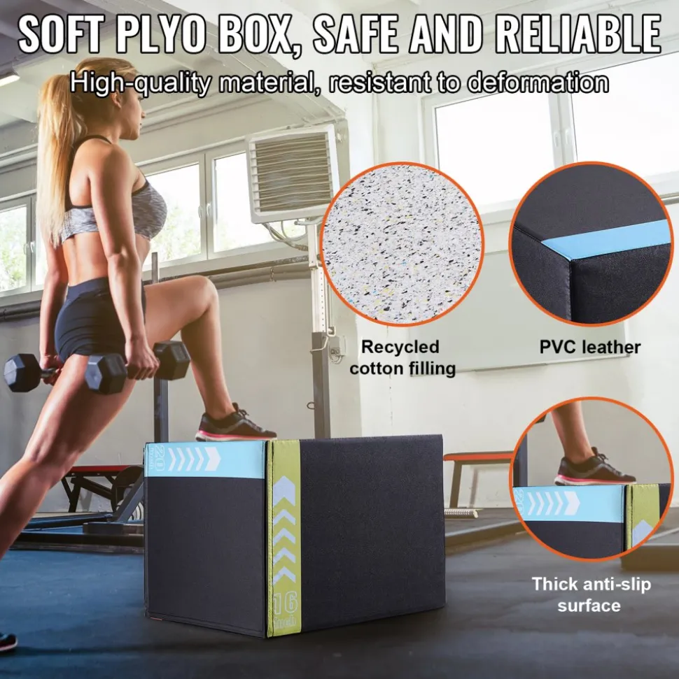 VEVOR 3 in 1 Plyometric Jump Box, 20/18/16 Inch Cotton Plyo Box, Platform & Jumping Agility Box, Anti-Slip Fitness Exercise Step Up Box for Home Gym Training, Conditioning Strength Training, Black