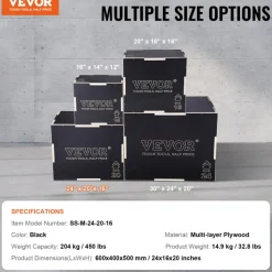 VEVOR 3 in 1 Plyometric Jump Box, 24/20/16 Inch Wooden Plyo Box, Platform & Jumping Agility Box, Anti-Slip Fitness Exercise Step Up Box for Home Gym Training, Conditioning Strength Training, Black