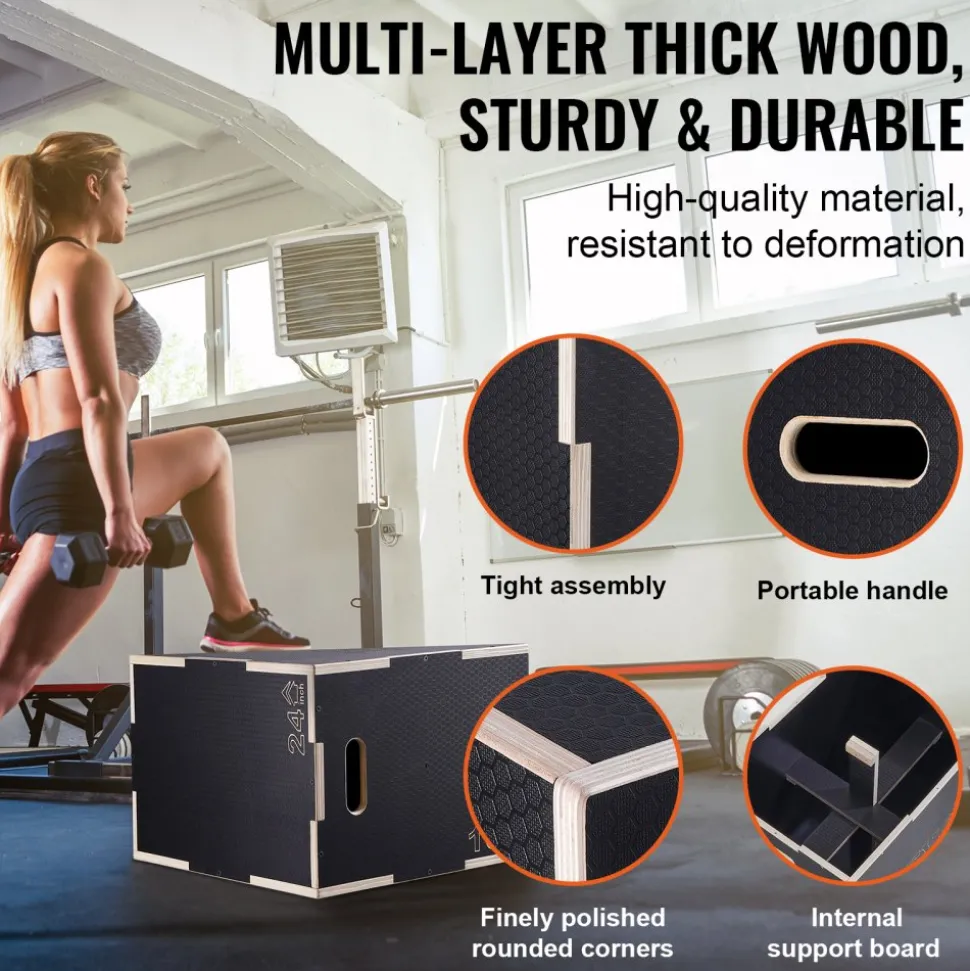 VEVOR 3 in 1 Plyometric Jump Box, 24/20/16 Inch Wooden Plyo Box, Platform & Jumping Agility Box, Anti-Slip Fitness Exercise Step Up Box for Home Gym Training, Conditioning Strength Training, Black
