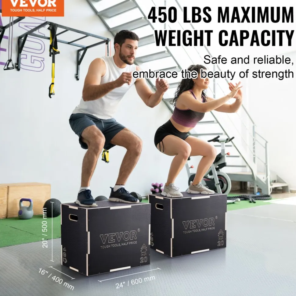VEVOR 3 in 1 Plyometric Jump Box, 24/20/16 Inch Wooden Plyo Box, Platform & Jumping Agility Box, Anti-Slip Fitness Exercise Step Up Box for Home Gym Training, Conditioning Strength Training, Black