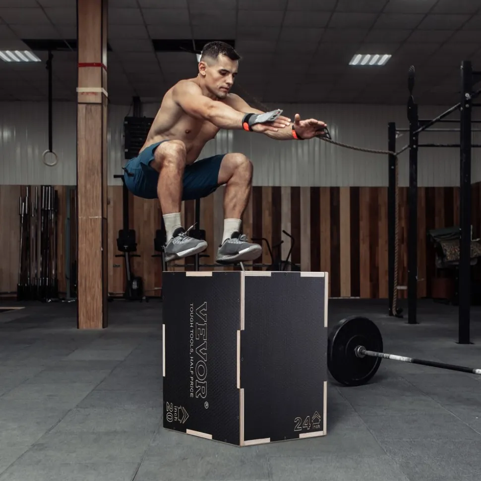 VEVOR 3 in 1 Plyometric Jump Box, 24/20/16 Inch Wooden Plyo Box, Platform & Jumping Agility Box, Anti-Slip Fitness Exercise Step Up Box for Home Gym Training, Conditioning Strength Training, Black