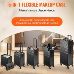 VEVOR 5 in 1 Professional Makeup Train Case Aluminum Cosmetic Case, Rolling Makeup Case Extra Large Trolley Makeup Travel Organizer, with 360° Swivel Wheels & Adjustable Pull Rod, Black