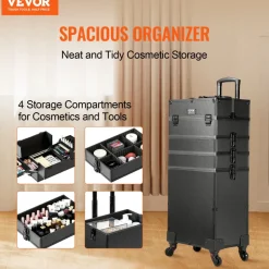 VEVOR 5 in 1 Professional Makeup Train Case Aluminum Cosmetic Case, Rolling Makeup Case Extra Large Trolley Makeup Travel Organizer, with 360° Swivel Wheels & Adjustable Pull Rod, Black