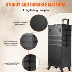 VEVOR 5 in 1 Professional Makeup Train Case Aluminum Cosmetic Case, Rolling Makeup Case Extra Large Trolley Makeup Travel Organizer, with 360° Swivel Wheels & Adjustable Pull Rod, Black