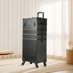 VEVOR 5 in 1 Professional Makeup Train Case Aluminum Cosmetic Case, Rolling Makeup Case Extra Large Trolley Makeup Travel Organizer, with 360° Swivel Wheels & Adjustable Pull Rod, Black