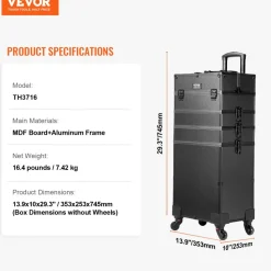 VEVOR 5 in 1 Professional Makeup Train Case Aluminum Cosmetic Case, Rolling Makeup Case Extra Large Trolley Makeup Travel Organizer, with 360° Swivel Wheels & Adjustable Pull Rod, Black
