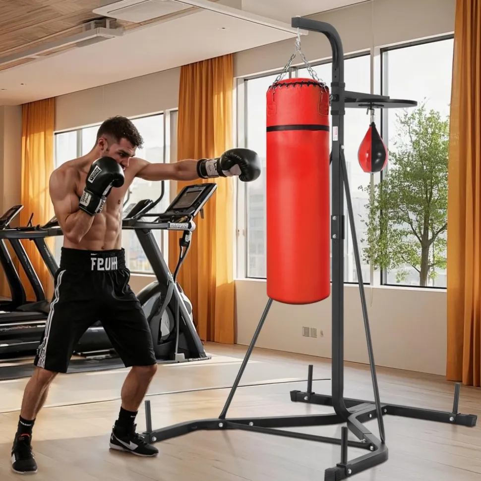 VEVOR 2 in 1 Punching Bag Stand, Steel Heavy Duty Workout Equipment, Adjustable Height Boxing Punching Bag and Speed Bag Stand, Freestanding Sandbag Rack, Holds Up to 140 lbs, for Home Gym Fitness