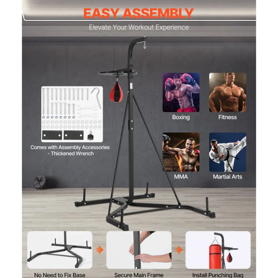 VEVOR 2 in 1 Punching Bag Stand, Steel Heavy Duty Workout Equipment, Adjustable Height Boxing Punching Bag and Speed Bag Stand, Freestanding Sandbag Rack, Holds Up to 140 lbs, for Home Gym Fitness