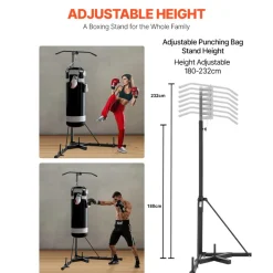 VEVOR 2 in 1 Punching Bag Stand, Steel Heavy Duty Workout Equipment, Adjustable Height Boxing Punching Bag Stand with Pull Up Bar, Freestanding Sandbag Rack, Holds Up to 140 lbs, for Home Gym Fitness