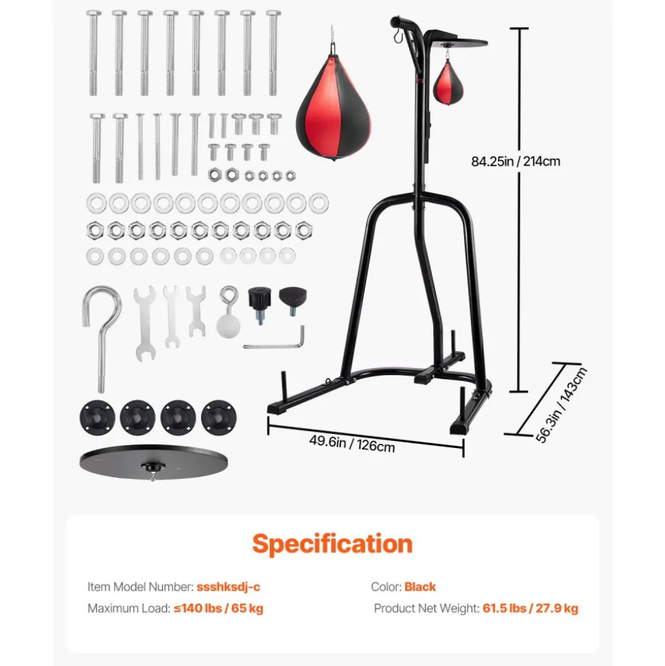 VEVOR 2 in 1 Punching Bag Stand, Steel Heavy Duty Workout Equipment, Adjustable Height Boxing Punching Bag and Speed Bag Stand, Freestanding Sandbag Rack, Holds Up to 140 lbs, for Home Gym Fitness