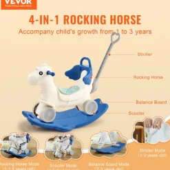 VEVOR 4 in 1 Rocking Horse for Toddlers 1-3 Years, Baby Rocking Horse with Detachable Balance Board, Push Handle and 4 Smooth Wheels, Support up to HDPE 80 lbs Kids Ride on Toy with Sound, Blue