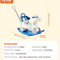 VEVOR 4 in 1 Rocking Horse for Toddlers 1-3 Years, Baby Rocking Horse with Detachable Balance Board, Push Handle and 4 Smooth Wheels, Support up to HDPE 80 lbs Kids Ride on Toy with Sound, Blue