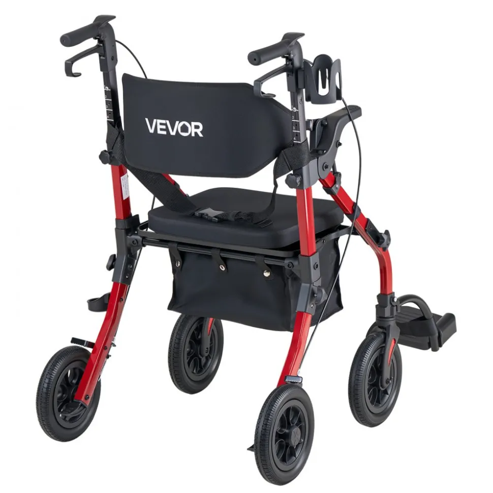VEVOR 2-in-1 Rollator Walker & Transport Chair for Seniors, Foldable Rolling Walker Wheelchair, Lightweight Aluminum Mobility Walking Aid with Solid PU Wheels, Cup & Cane Holder - Supports 300LBS