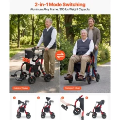 VEVOR 2-in-1 Rollator Walker & Transport Chair for Seniors, Foldable Rolling Walker Wheelchair, Lightweight Aluminum Mobility Walking Aid with Solid PU Wheels, Cup & Cane Holder - Supports 300LBS
