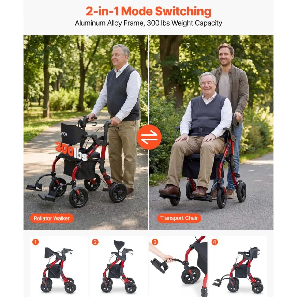 VEVOR 2-in-1 Rollator Walker & Transport Chair for Seniors, Foldable Rolling Walker Wheelchair, Lightweight Aluminum Mobility Walking Aid with Solid PU Wheels, Cup & Cane Holder - Supports 300LBS