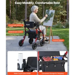 VEVOR 2-in-1 Rollator Walker & Transport Chair for Seniors, Foldable Rolling Walker Wheelchair, Lightweight Aluminum Mobility Walking Aid with Solid PU Wheels, Cup & Cane Holder - Supports 300LBS